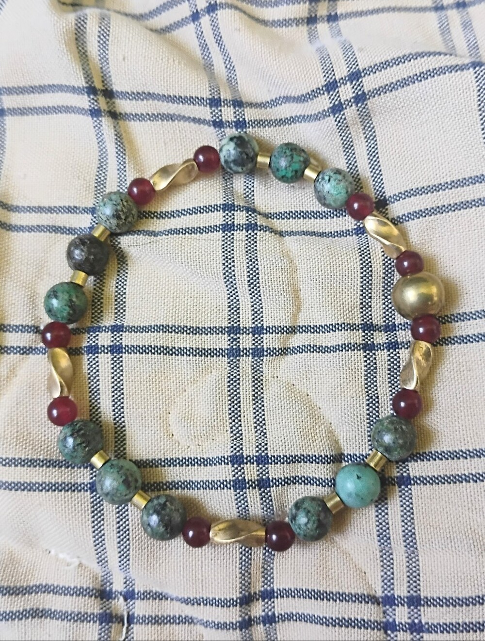Handmade African Turquoise, Ruby, and Vintage Brass Bead Stretch Bracelet